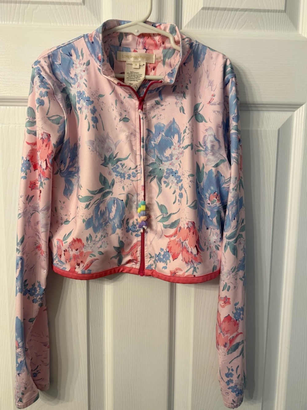 LoveShackFancy Pink Floral Zip Crop Jacket with Blue Accents size S